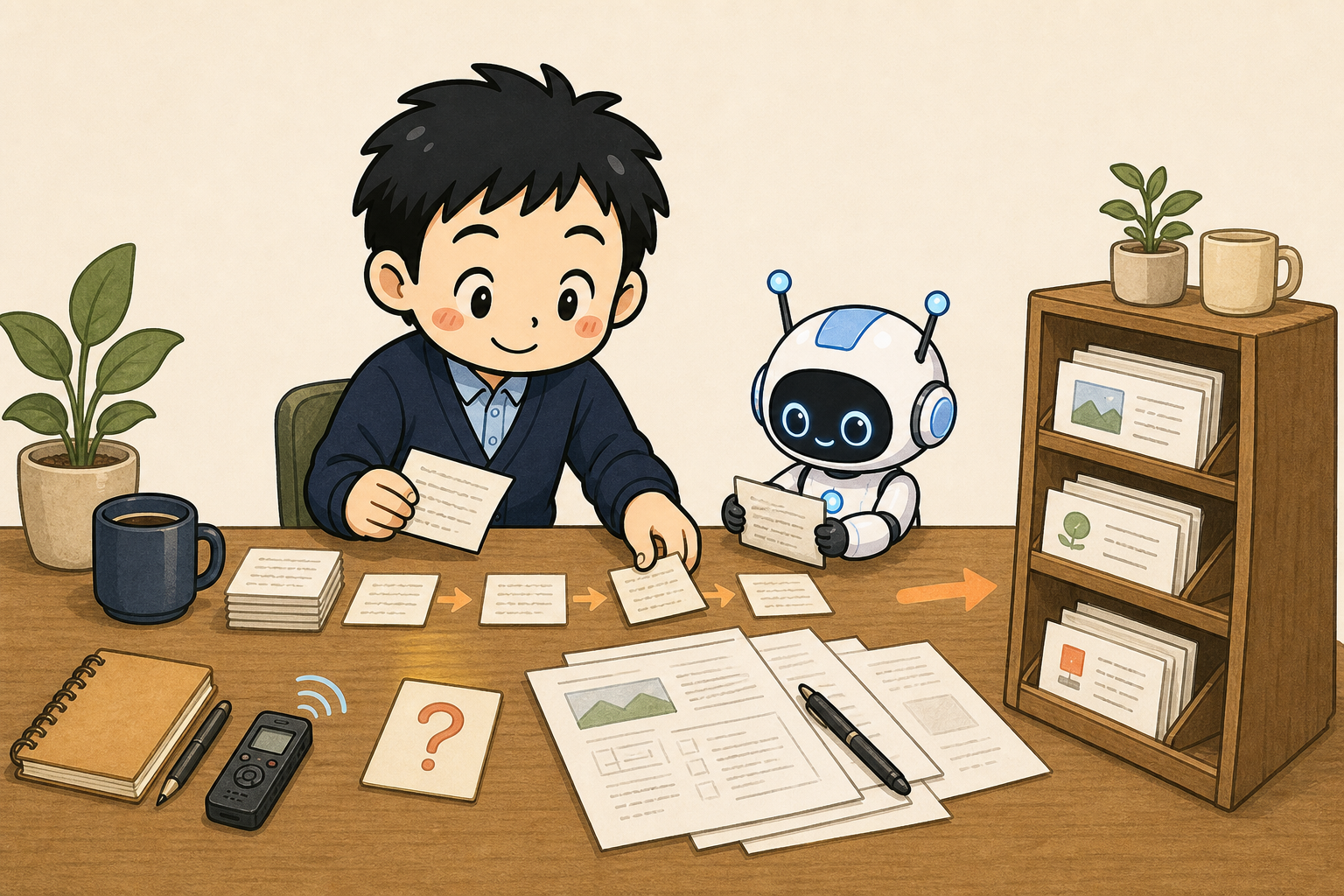綿樽剛が、メモや音声など仕事の素材を記事へ整理しているイラスト