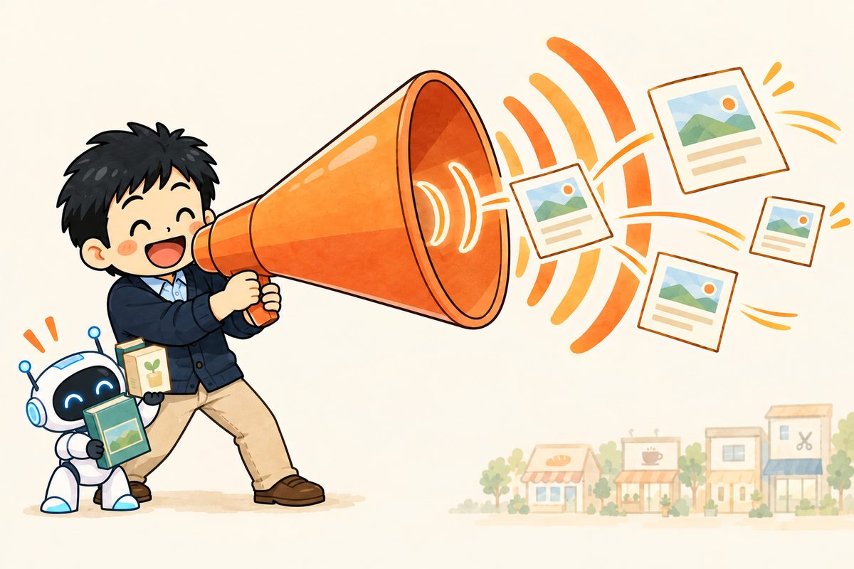 綿樽剛が大きなメガホンで呼びかけ、記事が町の小さな店へ届いていくイラスト
